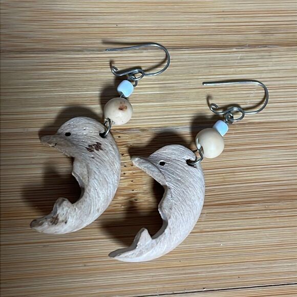 Vintage Brazilian Wooden Dolphin Earrings with Beads (Purchased in Brazil) - Picture 3 of 9